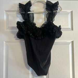 Free People Black Ruffled Strap Bodysuit